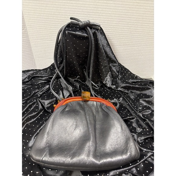 Ande’ Handbags - Vintage Ande' Leather Black Bakelite Snap Closure Purse Bag Silk Lining 1960s
